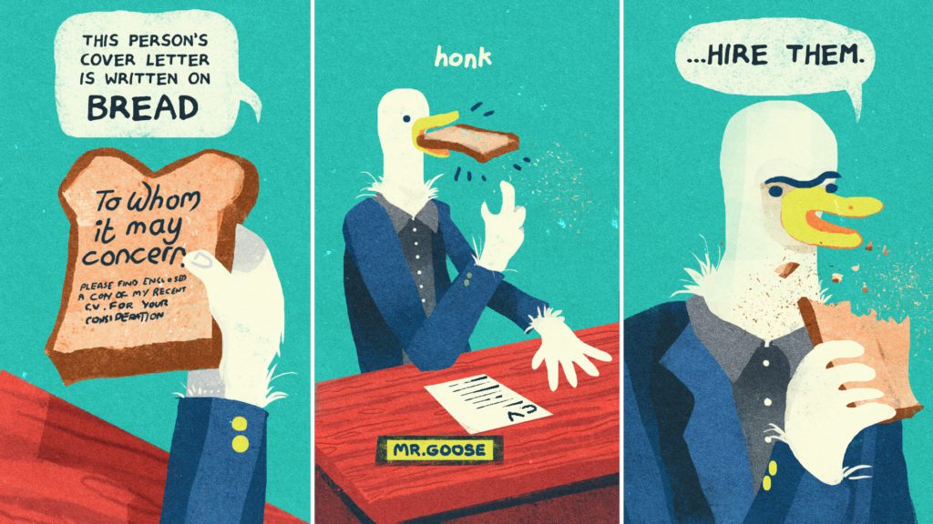 Illustration of a duck reading a cover letter written on a slice of bread and deciding to hire the person