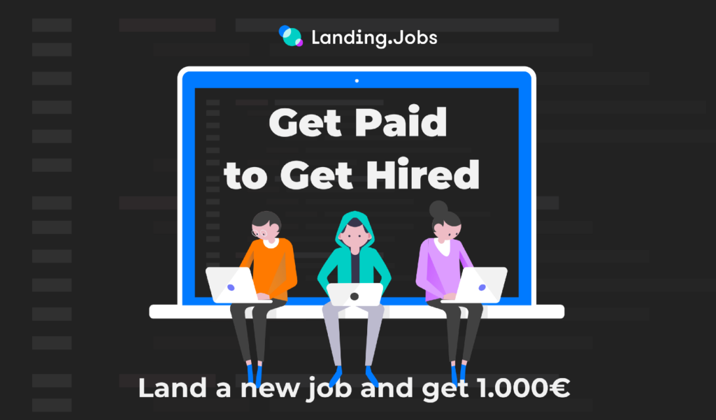 Vector image of three people sitting on a huge laptop while writing on their laptops. Sentence "Get Paid to Get Hired" highlighted