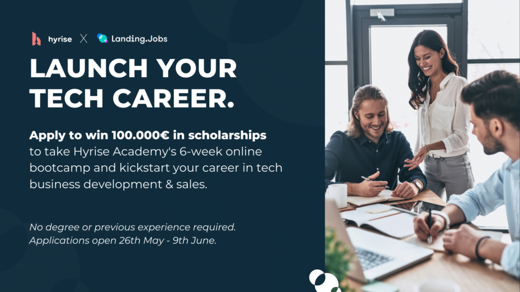 Banner about Launch Your Tech Career. Imagine of three people laughing while working